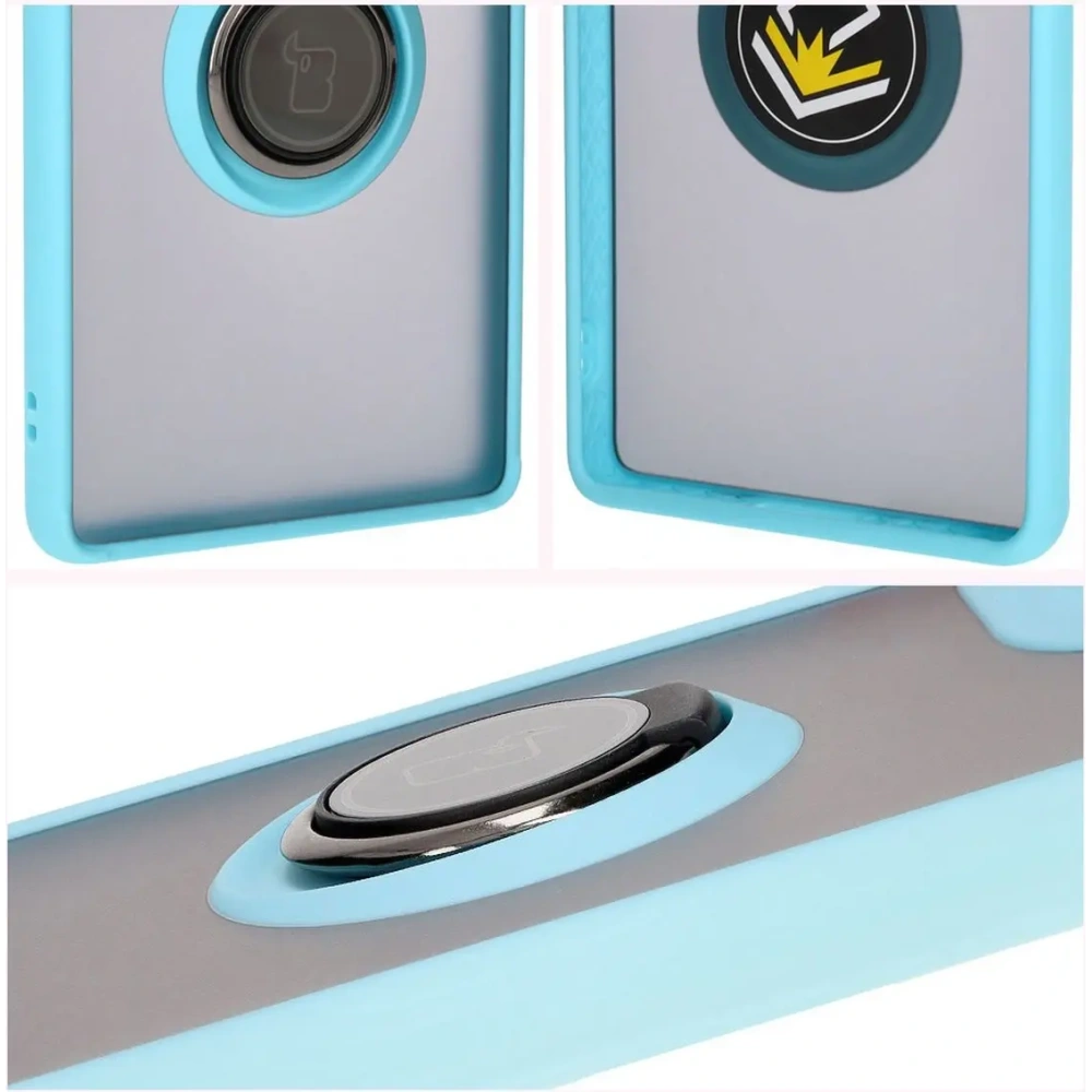 Etui z uchwytem na palec Bizon Case Hybrid Ring do Motorola Edge 50 Fusion przydymione z jasnoniebieską ramką