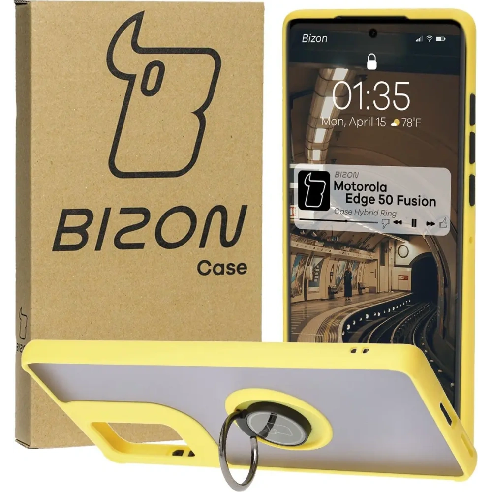 Etui z uchwytem na palec Bizon Case Hybrid Ring do Motorola Edge 50 Fusion przydymione z żółtą ramką