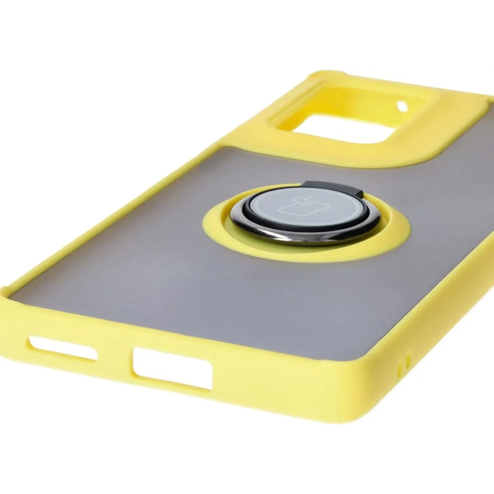 Etui z uchwytem na palec Bizon Case Hybrid Ring do Motorola Edge 50 Fusion przydymione z żółtą ramką