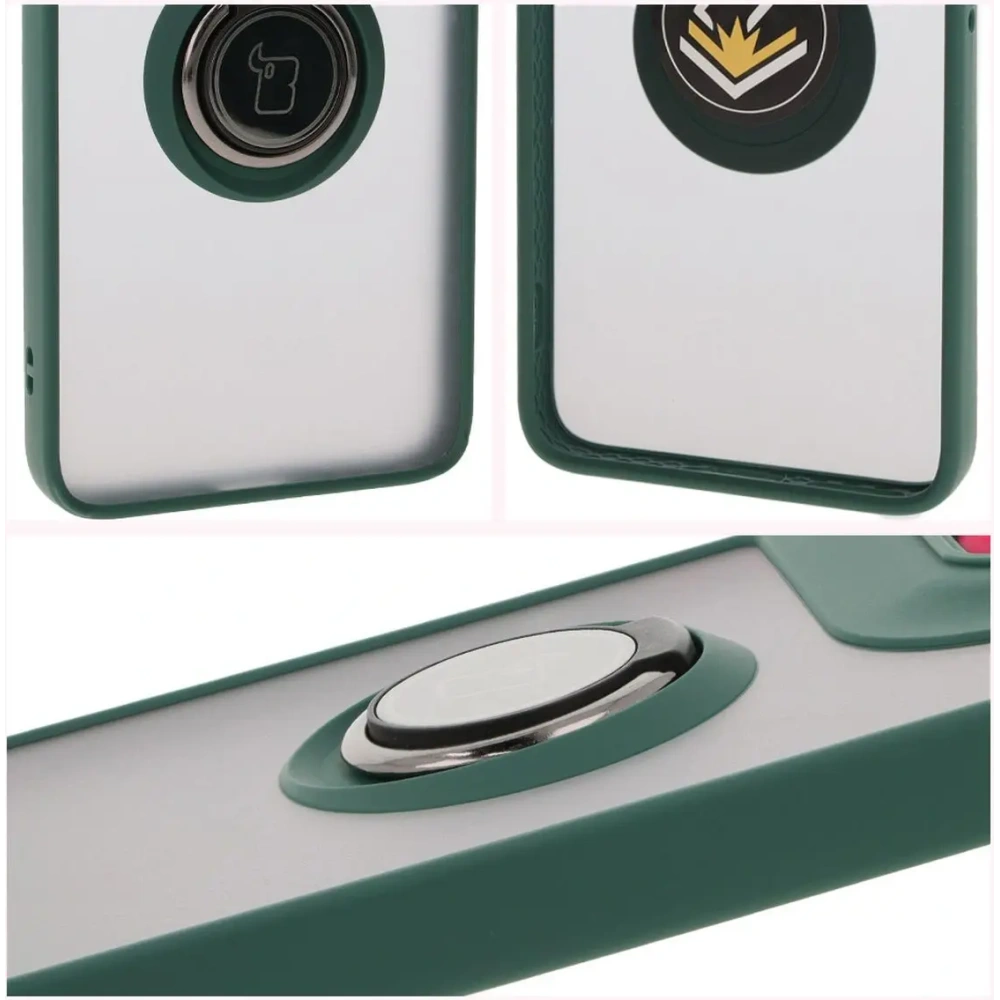 Etui z uchwytem na palec Bizon Case Hybrid Ring do Motorola Edge 50 Neo przydymione z ciemnozieloną ramką