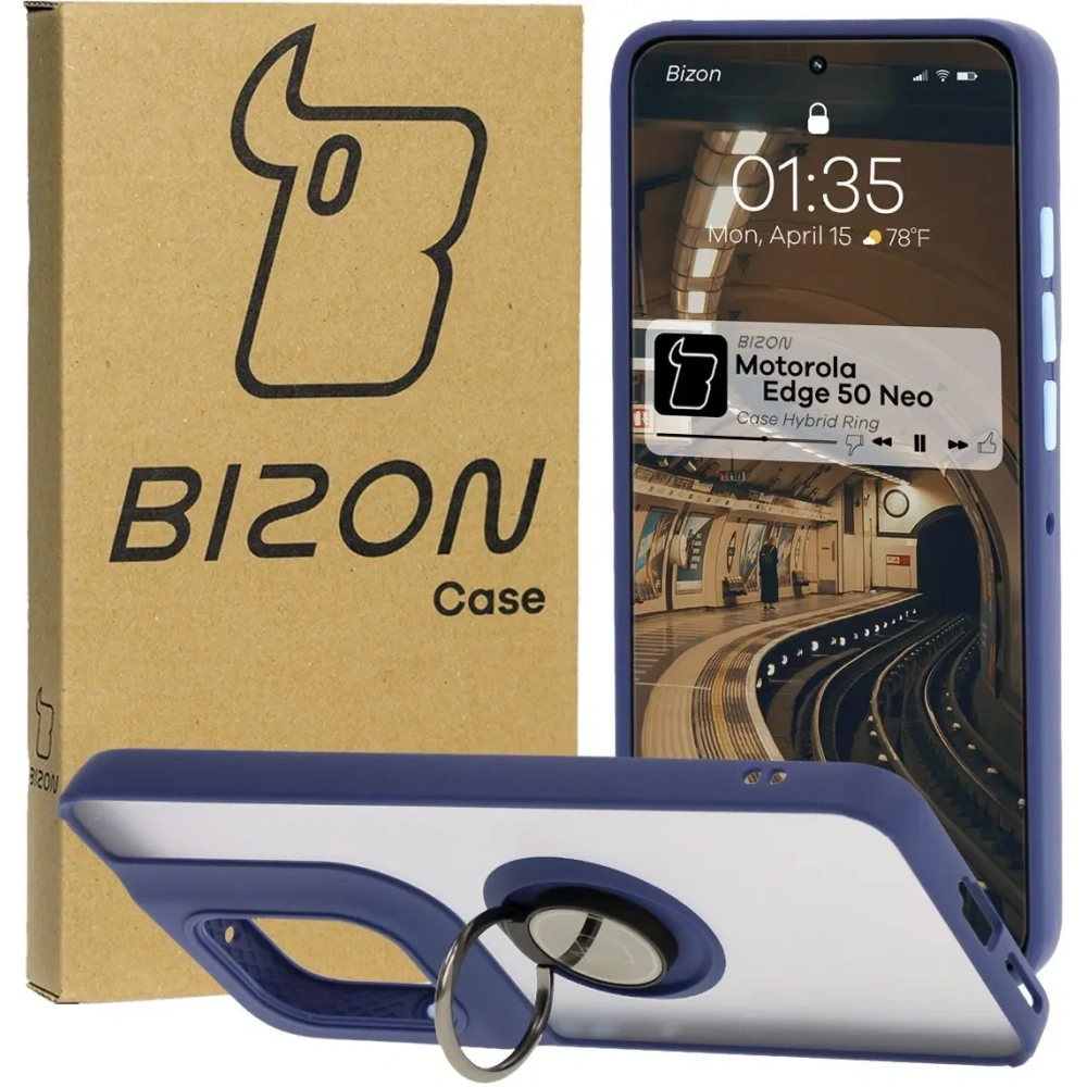 Etui z uchwytem na palec Bizon Case Hybrid Ring do Motorola Edge 50 Neo przydymione z granatową ramką