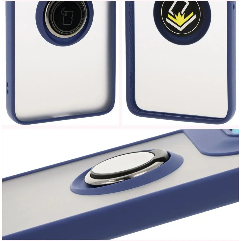 Etui z uchwytem na palec Bizon Case Hybrid Ring do Motorola Edge 50 Neo przydymione z granatową ramką