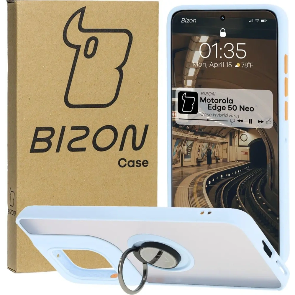 Etui z uchwytem na palec Bizon Case Hybrid Ring do Motorola Edge 50 Neo przydymione z jasnoniebieską ramką