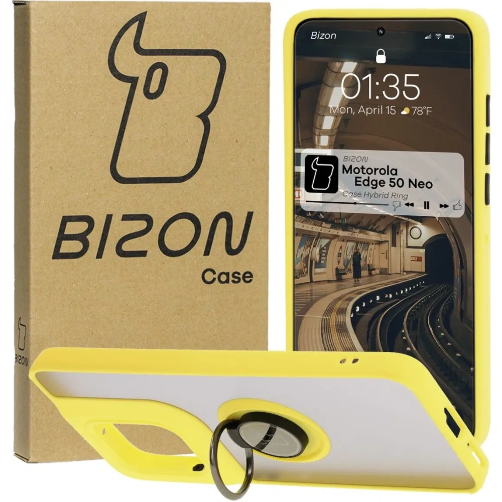 Etui z uchwytem na palec Bizon Case Hybrid Ring do Motorola Edge 50 Neo przydymione z żółtą ramką