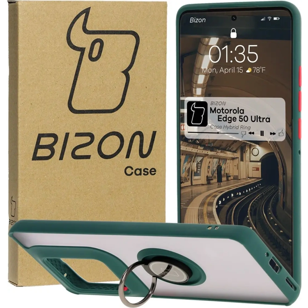Etui z uchwytem na palec Bizon Case Hybrid Ring do Motorola Edge 50 Ultra przydymione z ciemnozieloną ramką