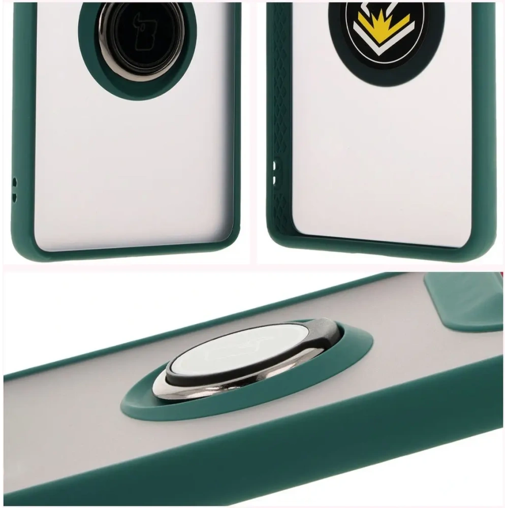 Etui z uchwytem na palec Bizon Case Hybrid Ring do Motorola Edge 50 Ultra przydymione z ciemnozieloną ramką