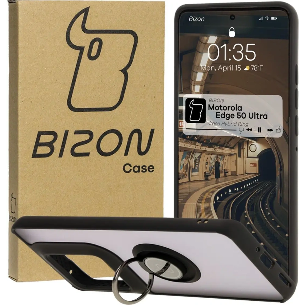 Etui z uchwytem na palec Bizon Case Hybrid Ring do Motorola Edge 50 Ultra przydymione z czarną ramką