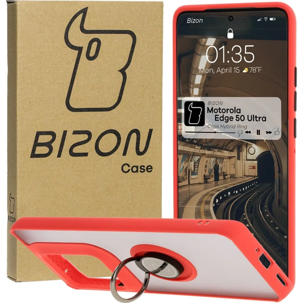Etui z uchwytem na palec Bizon Case Hybrid Ring do Motorola Edge 50 Ultra przydymione z czerwoną ramką