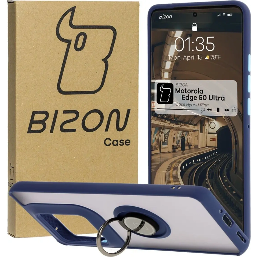 Etui z uchwytem na palec Bizon Case Hybrid Ring do Motorola Edge 50 Ultra przydymione z granatową ramką