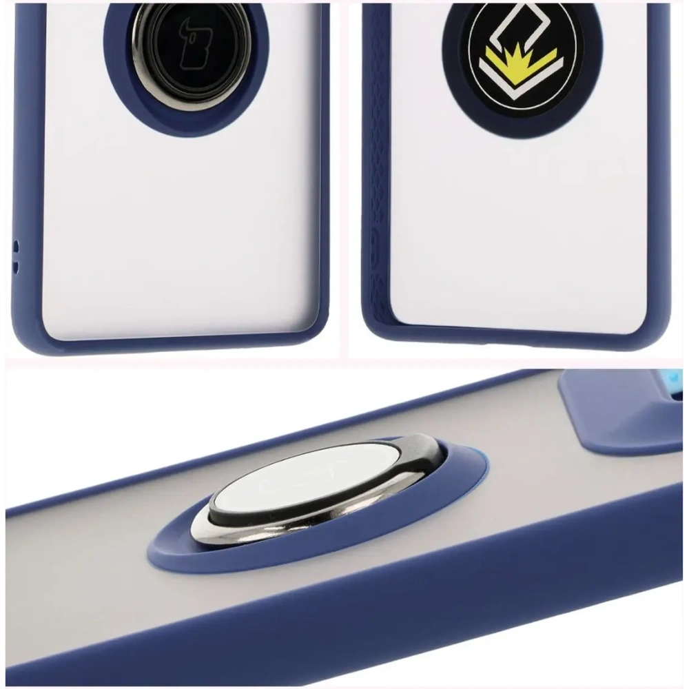 Etui z uchwytem na palec Bizon Case Hybrid Ring do Motorola Edge 50 Ultra przydymione z granatową ramką