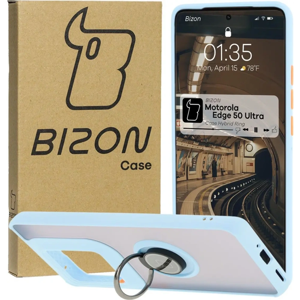 Etui z uchwytem na palec Bizon Case Hybrid Ring do Motorola Edge 50 Ultra przydymione z jasnoniebieską ramką