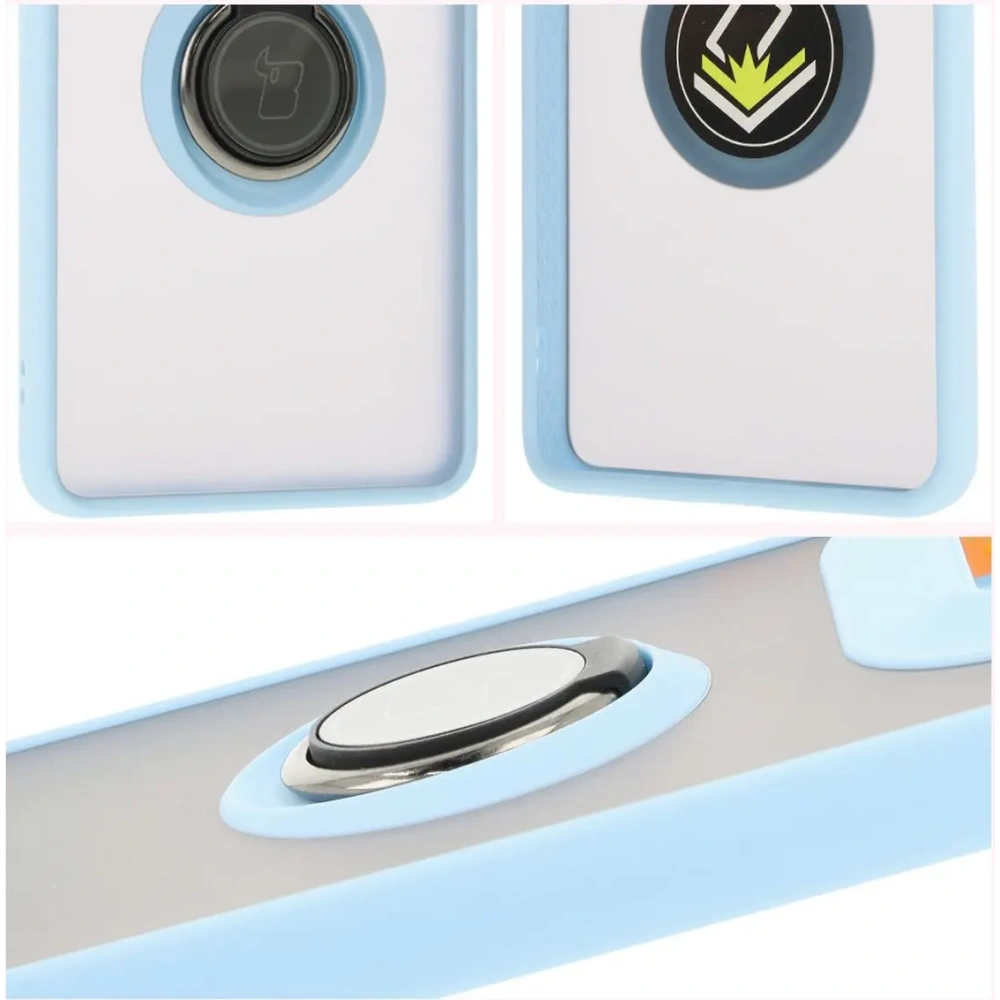 Etui z uchwytem na palec Bizon Case Hybrid Ring do Motorola Edge 50 Ultra przydymione z jasnoniebieską ramką