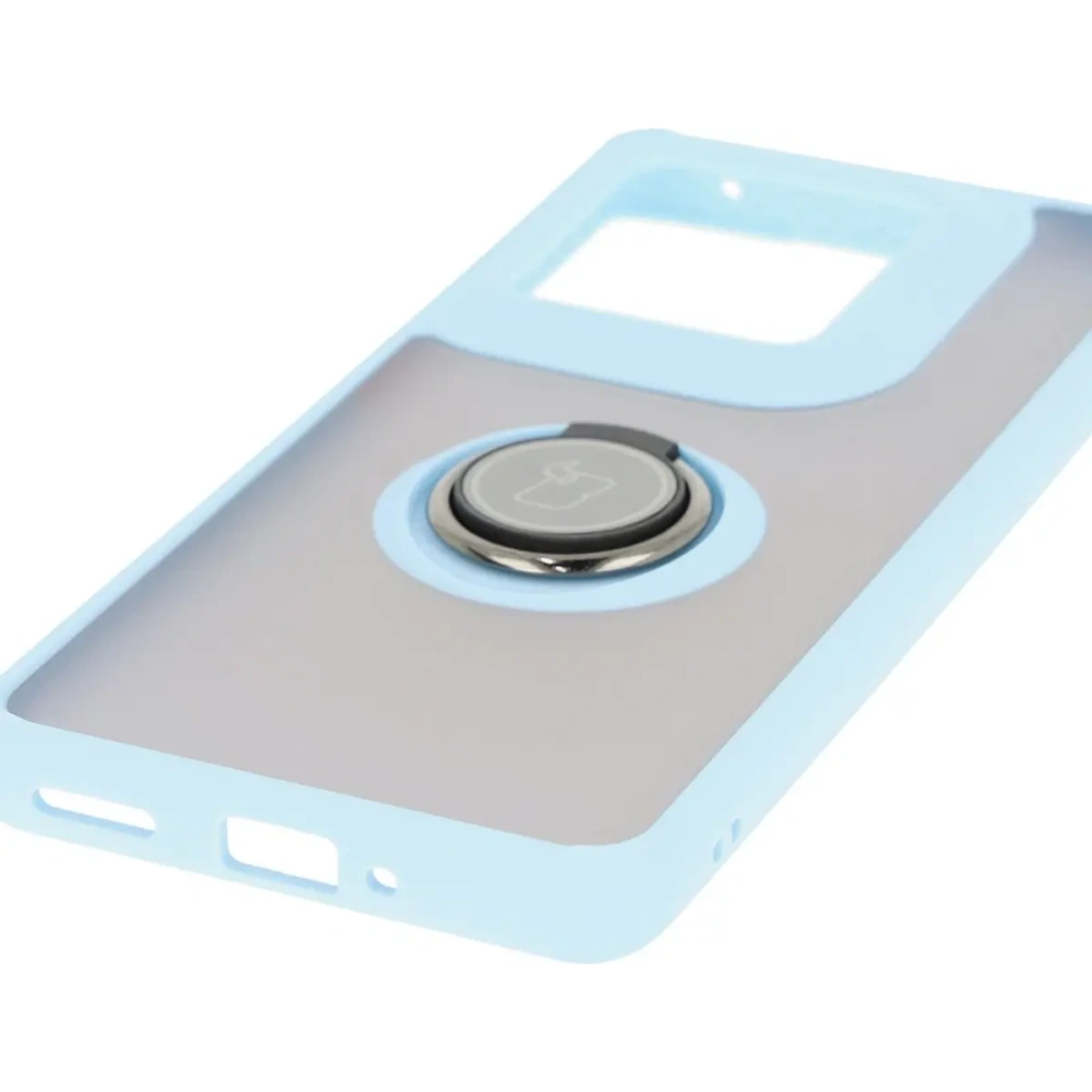 Etui z uchwytem na palec Bizon Case Hybrid Ring do Motorola Edge 50 Ultra przydymione z jasnoniebieską ramką