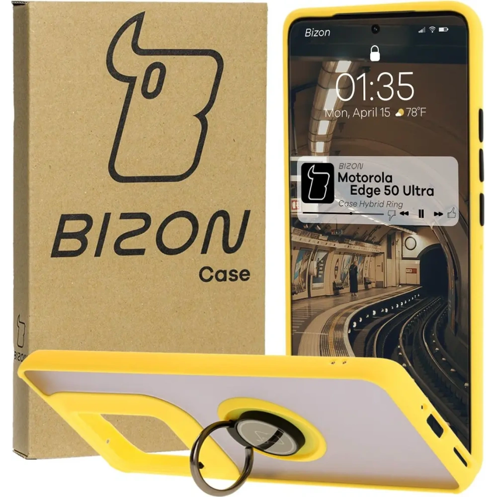 Etui z uchwytem na palec Bizon Case Hybrid Ring do Motorola Edge 50 Ultra przydymione z żółtą ramką