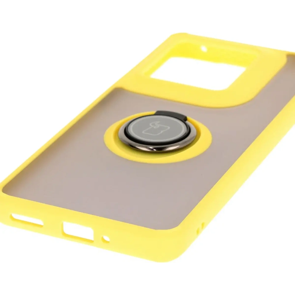 Etui z uchwytem na palec Bizon Case Hybrid Ring do Motorola Edge 50 Ultra przydymione z żółtą ramką