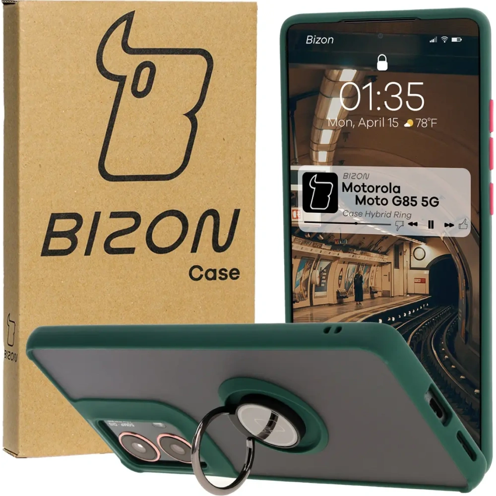 Etui z uchwytem na palec Bizon Case Hybrid Ring do Motorola Moto G85 5G przydymione z ciemnozieloną ramką
