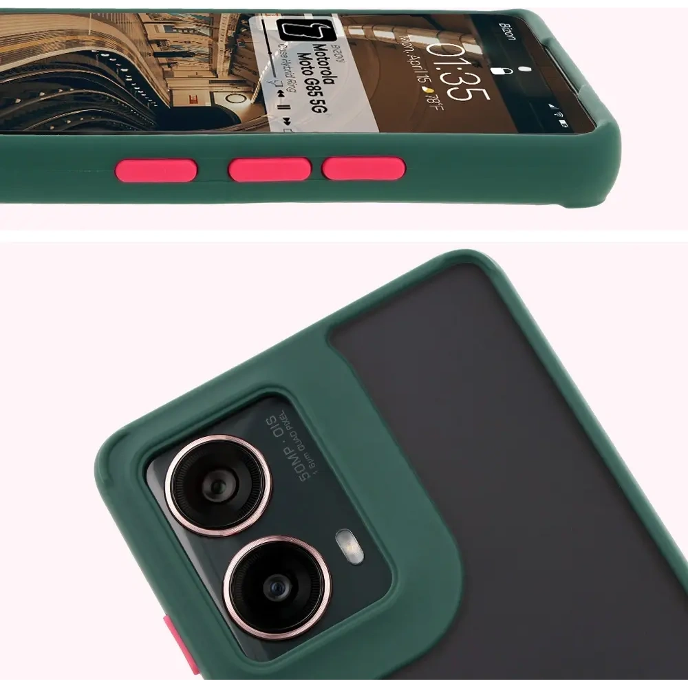 Etui z uchwytem na palec Bizon Case Hybrid Ring do Motorola Moto G85 5G przydymione z ciemnozieloną ramką