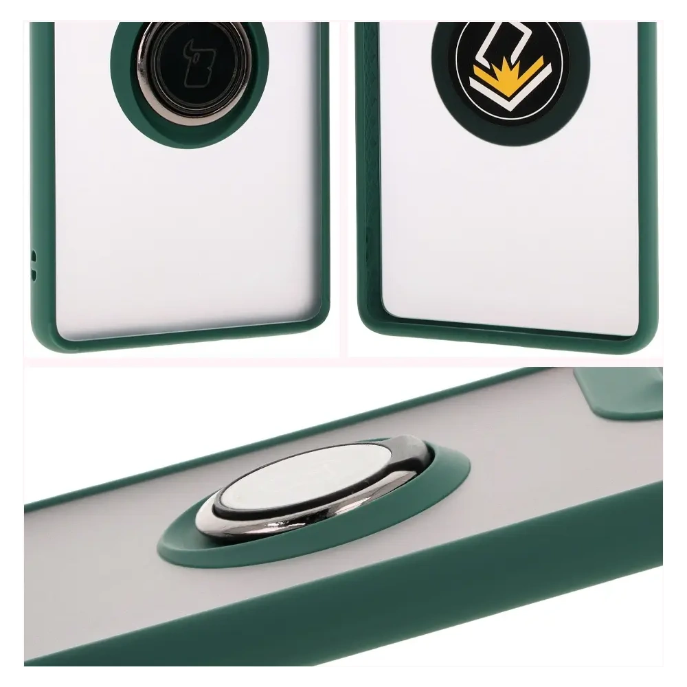Etui z uchwytem na palec Bizon Case Hybrid Ring do Motorola Moto G85 5G przydymione z ciemnozieloną ramką