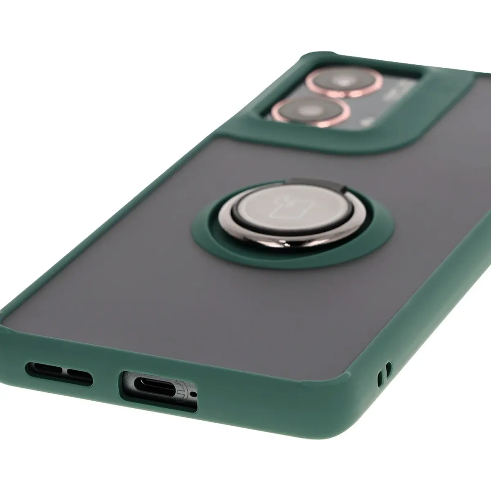 Etui z uchwytem na palec Bizon Case Hybrid Ring do Motorola Moto G85 5G przydymione z ciemnozieloną ramką