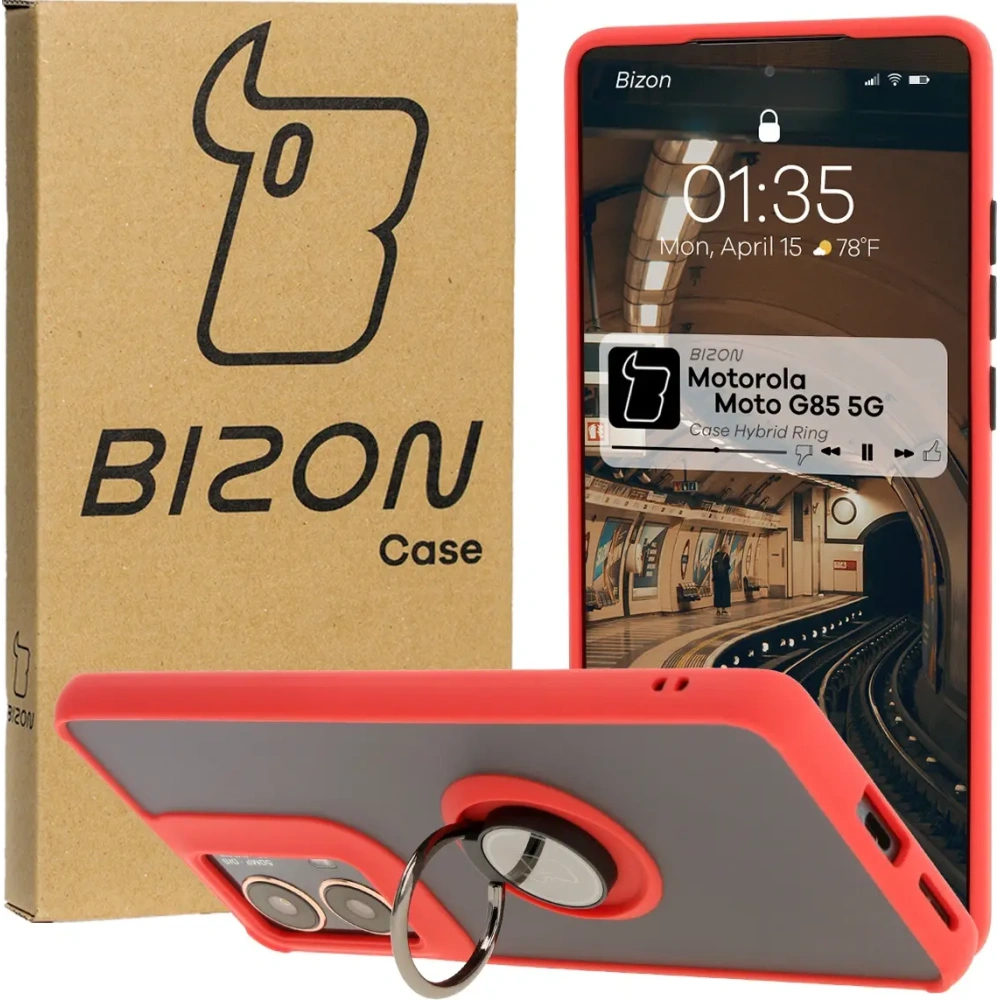 Etui z uchwytem na palec Bizon Case Hybrid Ring do Motorola Moto G85 5G przydymione z czerwoną ramką