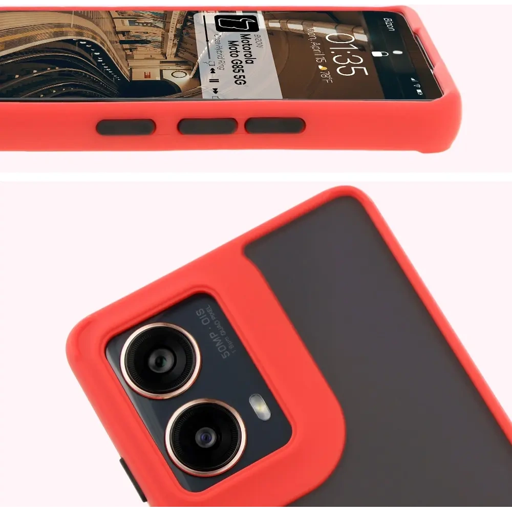 Etui z uchwytem na palec Bizon Case Hybrid Ring do Motorola Moto G85 5G przydymione z czerwoną ramką