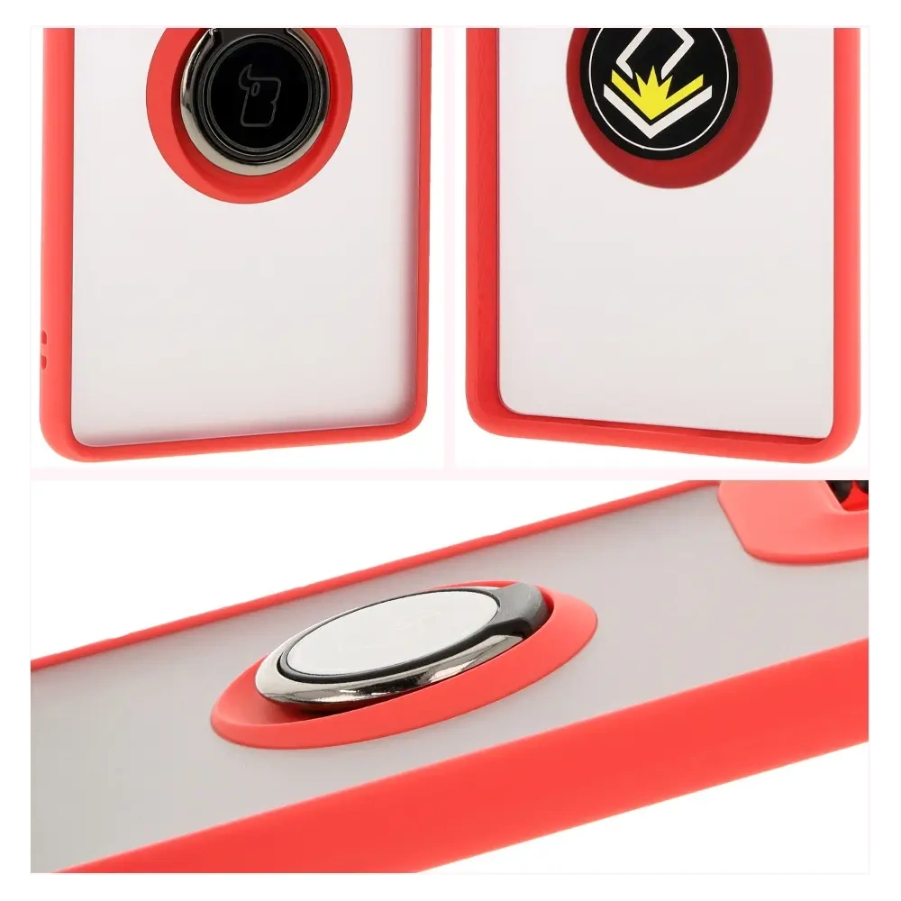 Etui z uchwytem na palec Bizon Case Hybrid Ring do Motorola Moto G85 5G przydymione z czerwoną ramką