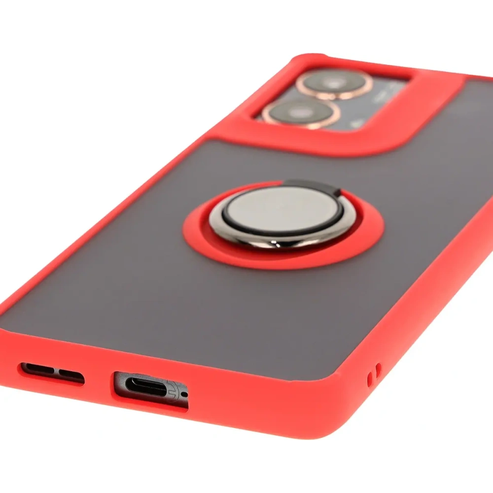Etui z uchwytem na palec Bizon Case Hybrid Ring do Motorola Moto G85 5G przydymione z czerwoną ramką