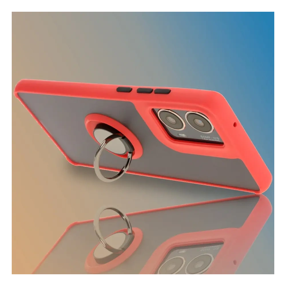 Etui z uchwytem na palec Bizon Case Hybrid Ring do Motorola Moto G85 5G przydymione z czerwoną ramką