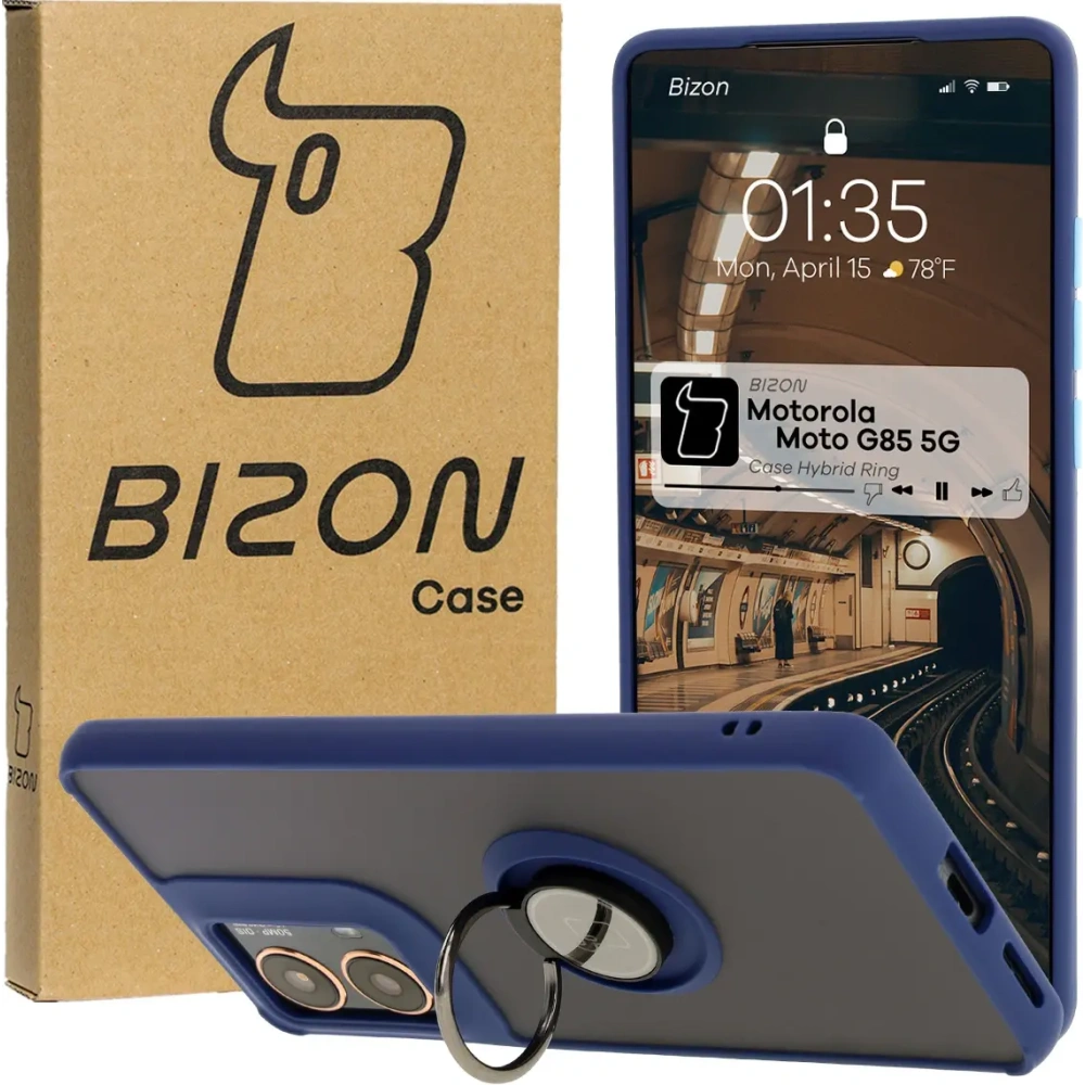Etui z uchwytem na palec Bizon Case Hybrid Ring do Motorola Moto G85 5G przydymione z granatową ramką