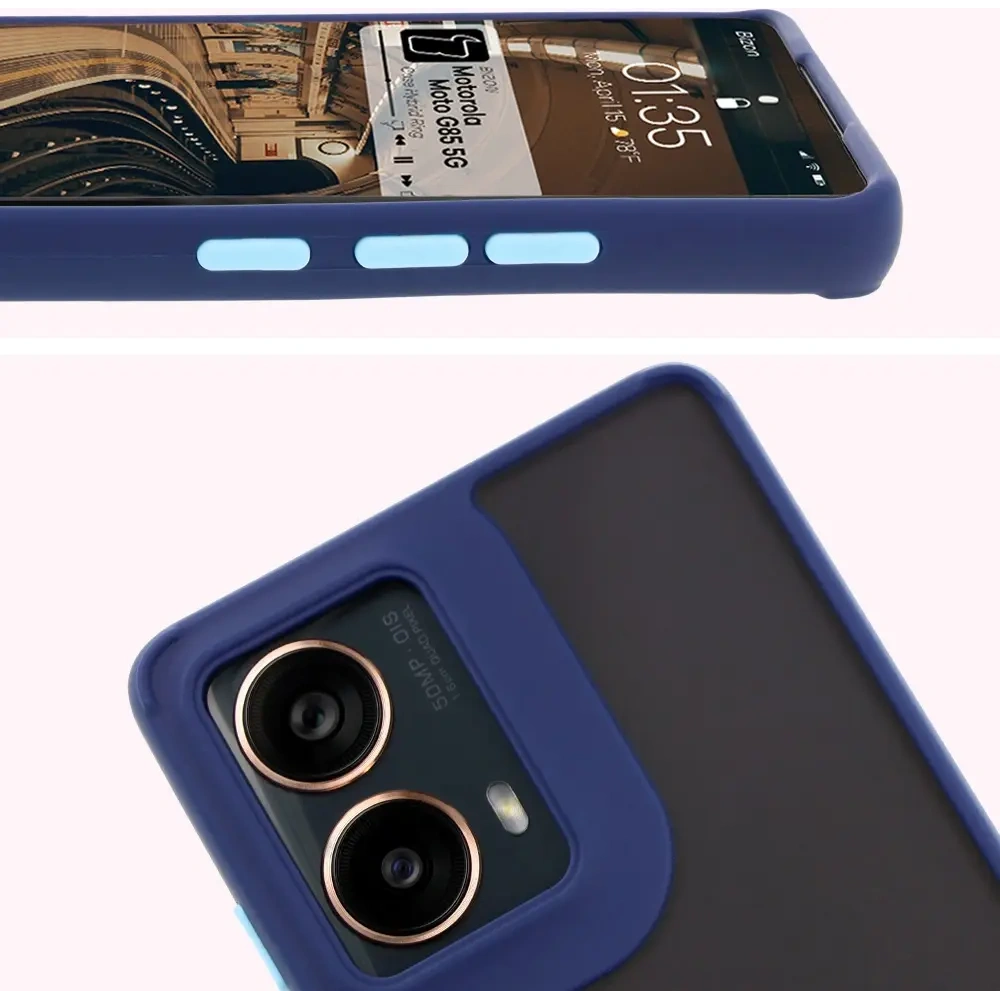 Etui z uchwytem na palec Bizon Case Hybrid Ring do Motorola Moto G85 5G przydymione z granatową ramką