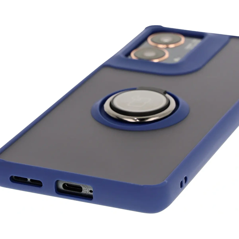 Etui z uchwytem na palec Bizon Case Hybrid Ring do Motorola Moto G85 5G przydymione z granatową ramką
