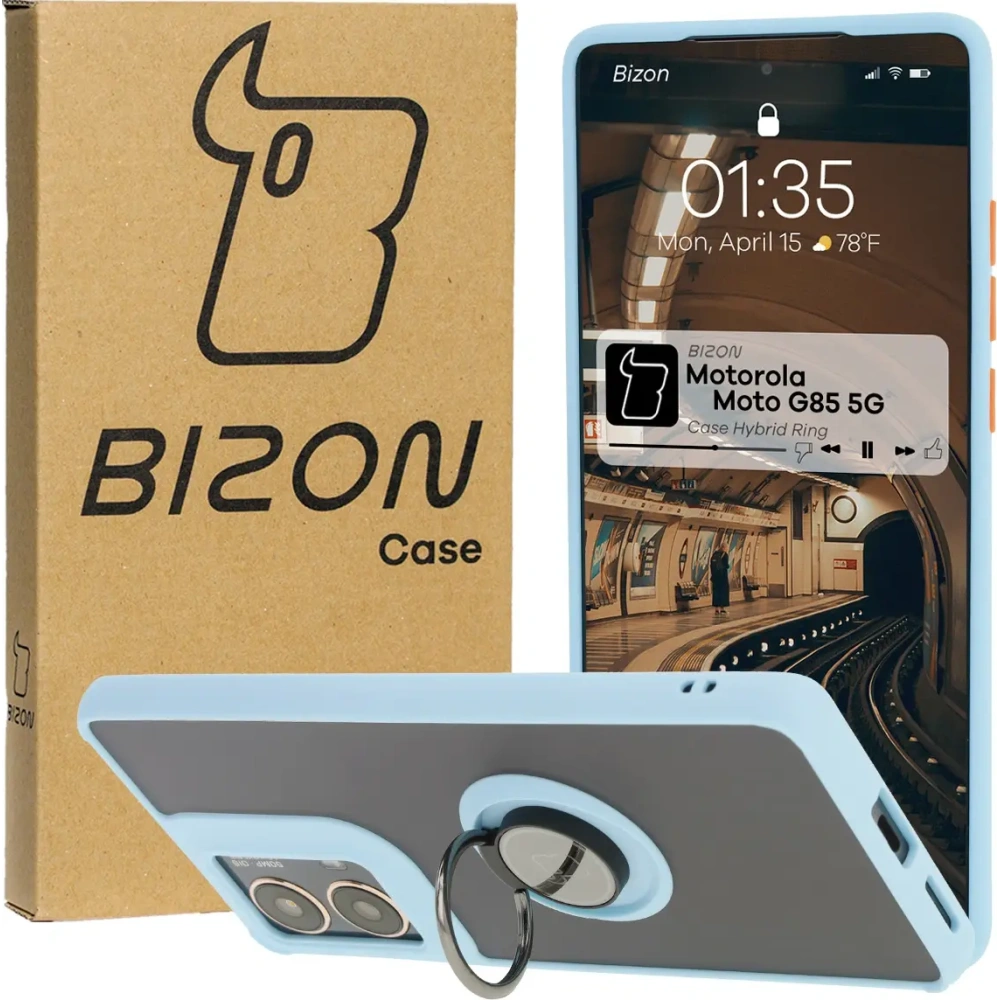 Etui z uchwytem na palec Bizon Case Hybrid Ring do Motorola Moto G85 5G przydymione z jasnoniebieską ramką