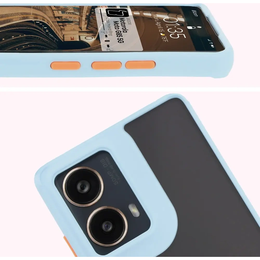 Etui z uchwytem na palec Bizon Case Hybrid Ring do Motorola Moto G85 5G przydymione z jasnoniebieską ramką