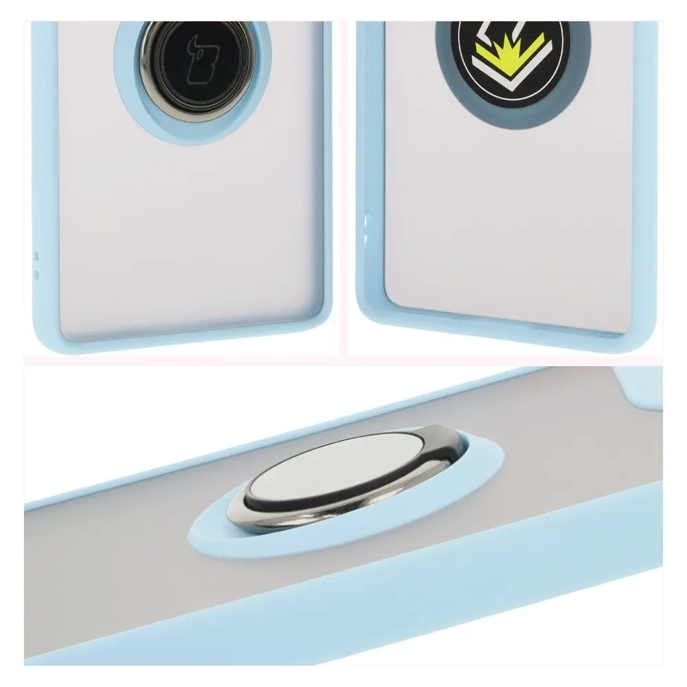 Etui z uchwytem na palec Bizon Case Hybrid Ring do Motorola Moto G85 5G przydymione z jasnoniebieską ramką