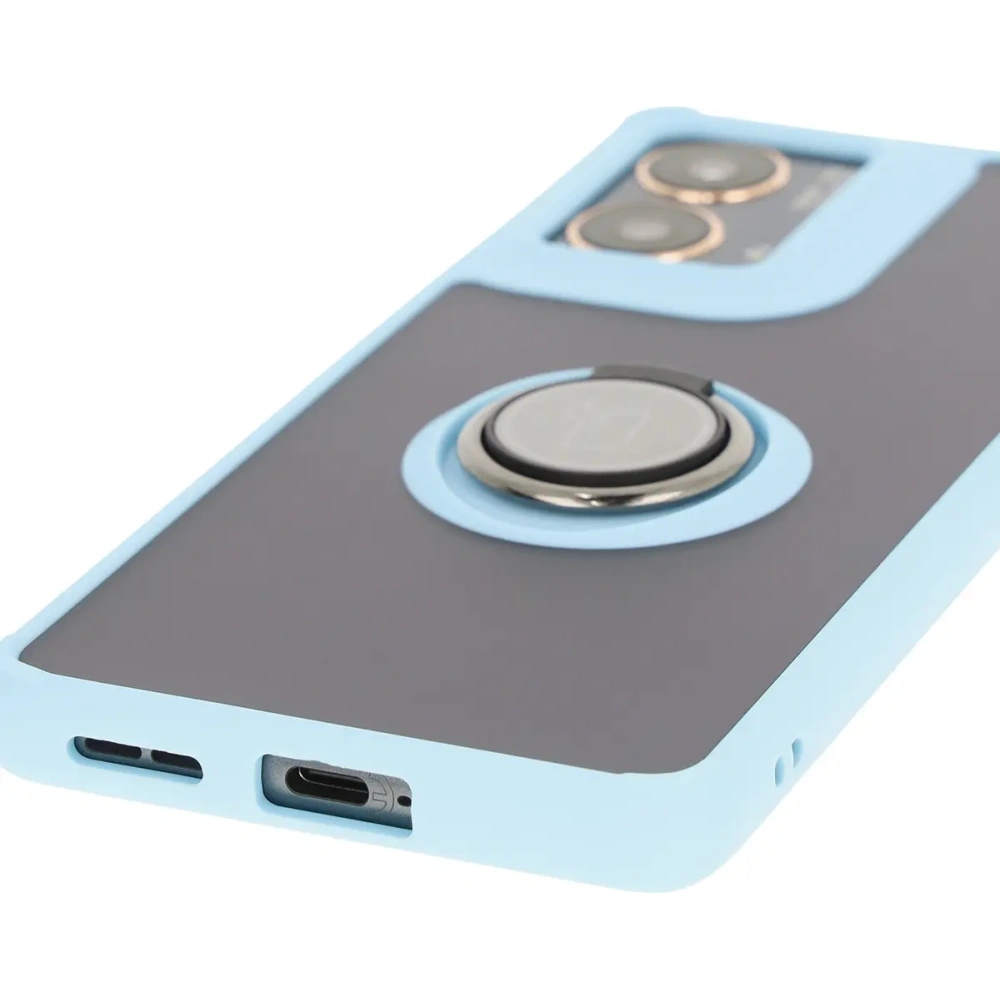 Etui z uchwytem na palec Bizon Case Hybrid Ring do Motorola Moto G85 5G przydymione z jasnoniebieską ramką