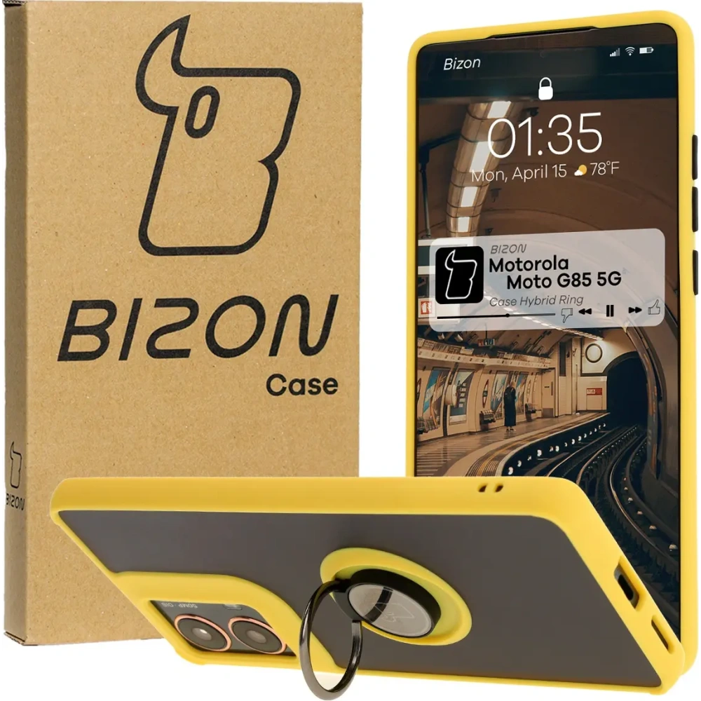 Etui z uchwytem na palec Bizon Case Hybrid Ring do Motorola Moto G85 5G przydymione z żółtą ramką