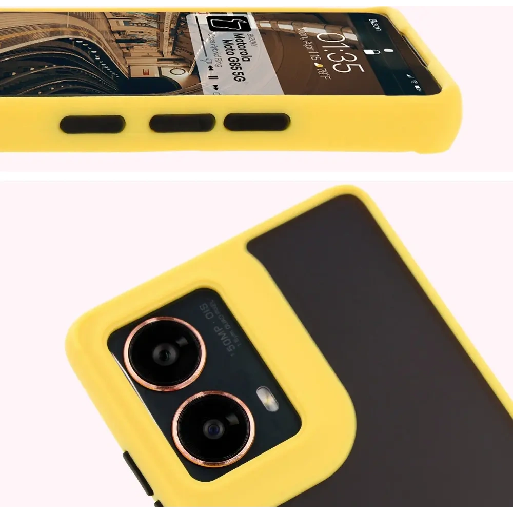 Etui z uchwytem na palec Bizon Case Hybrid Ring do Motorola Moto G85 5G przydymione z żółtą ramką