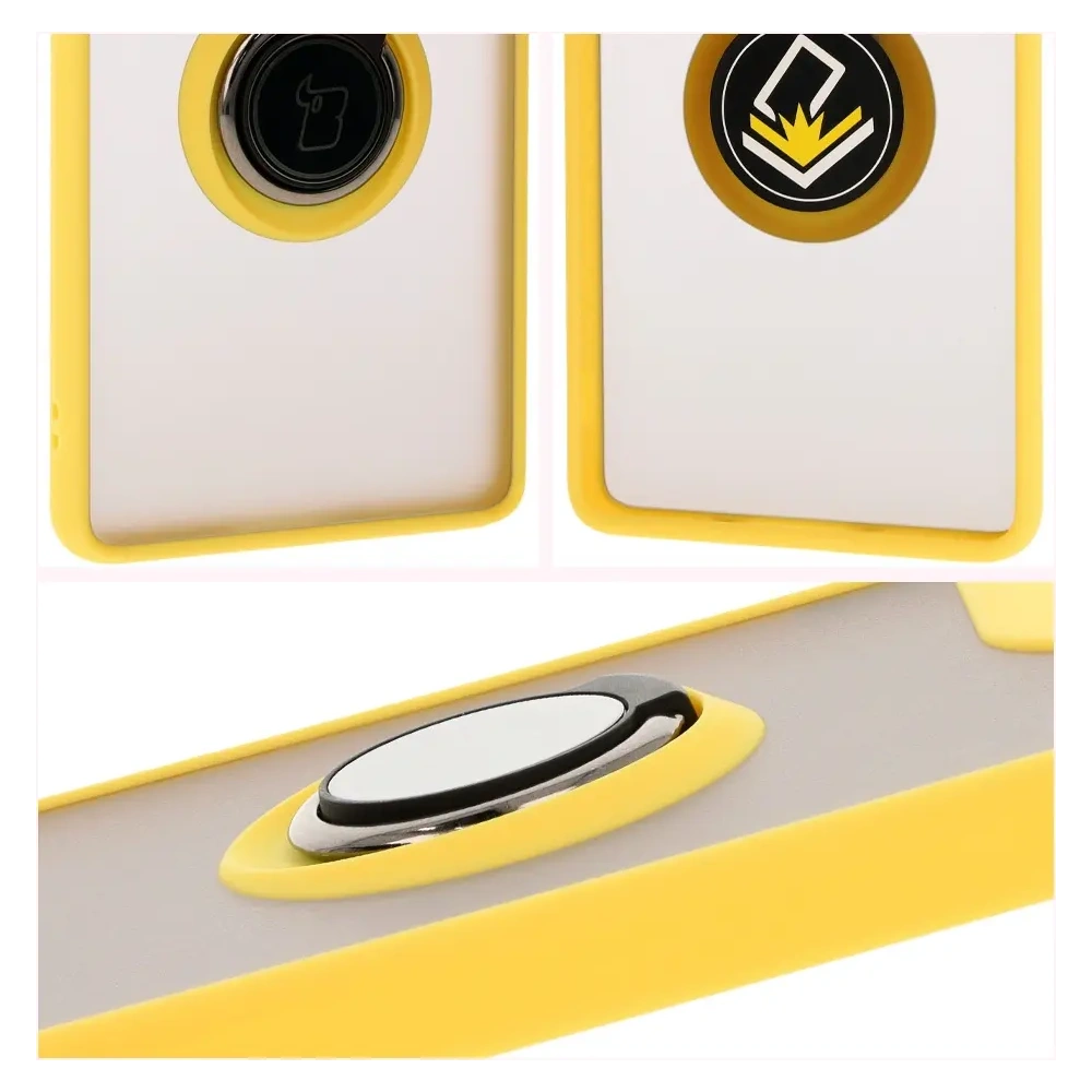 Etui z uchwytem na palec Bizon Case Hybrid Ring do Motorola Moto G85 5G przydymione z żółtą ramką