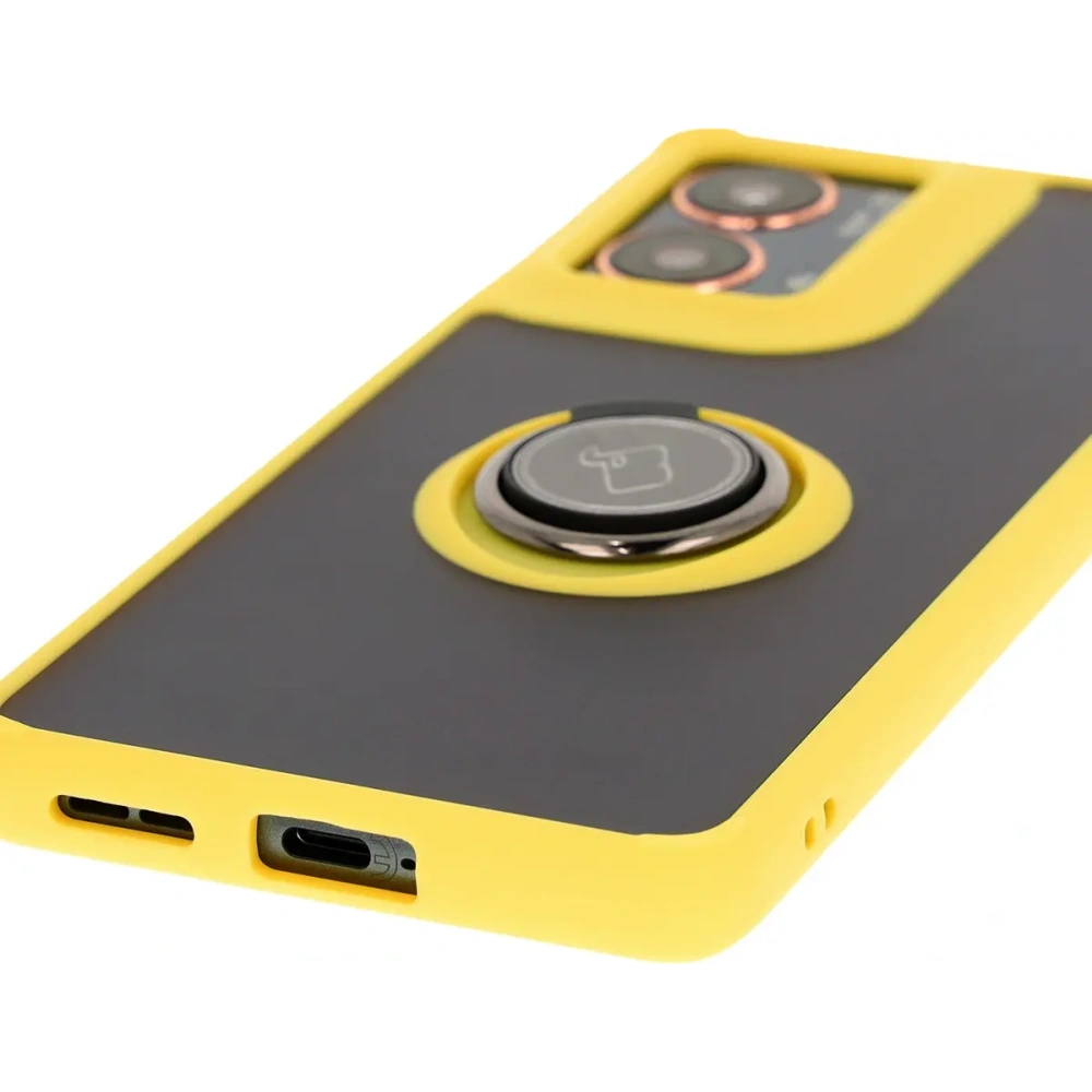 Etui z uchwytem na palec Bizon Case Hybrid Ring do Motorola Moto G85 5G przydymione z żółtą ramką
