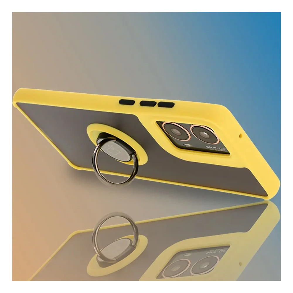 Etui z uchwytem na palec Bizon Case Hybrid Ring do Motorola Moto G85 5G przydymione z żółtą ramką