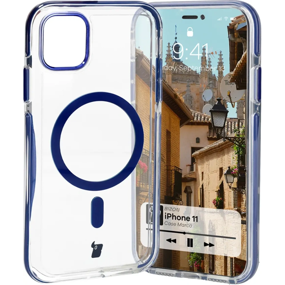 Etui z pierścieniem magnetycznym Bizon Case Marco do Apple iPhone 11 przezroczyste z niebieską ramką