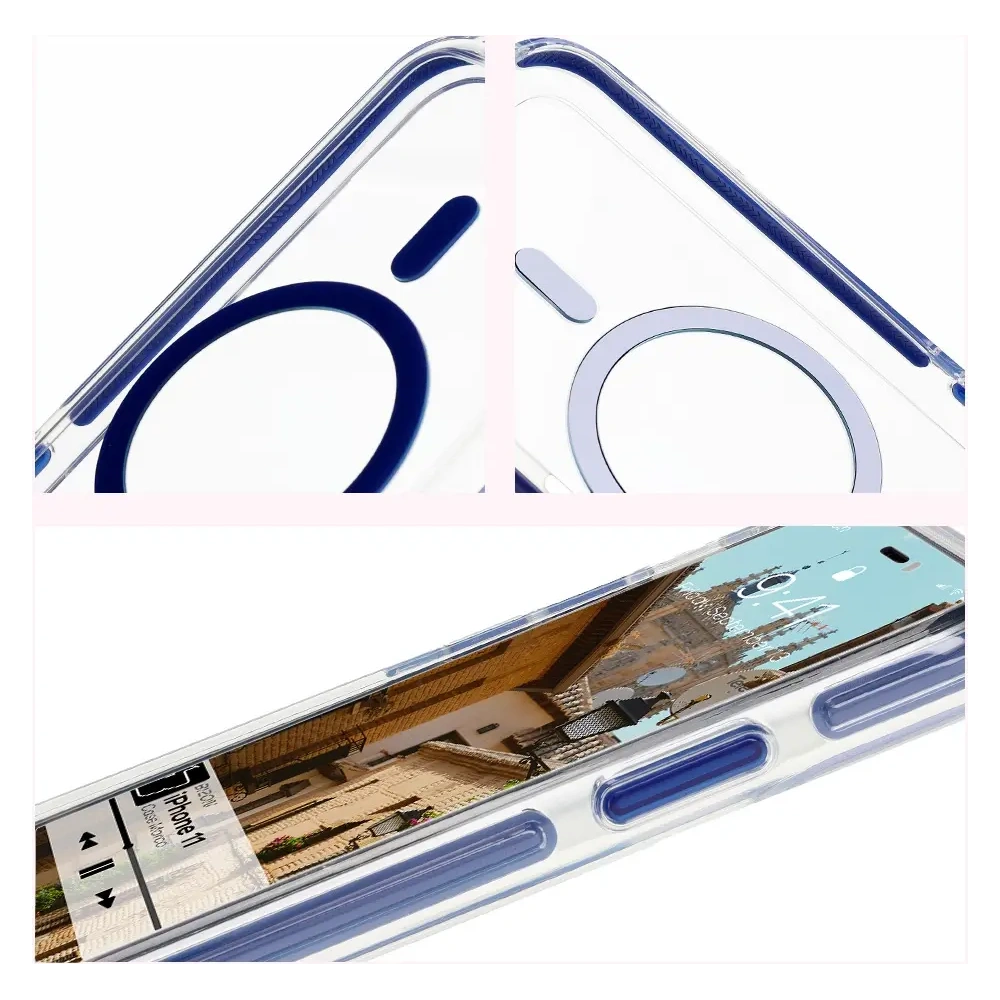 Etui z pierścieniem magnetycznym Bizon Case Marco do Apple iPhone 11 przezroczyste z niebieską ramką