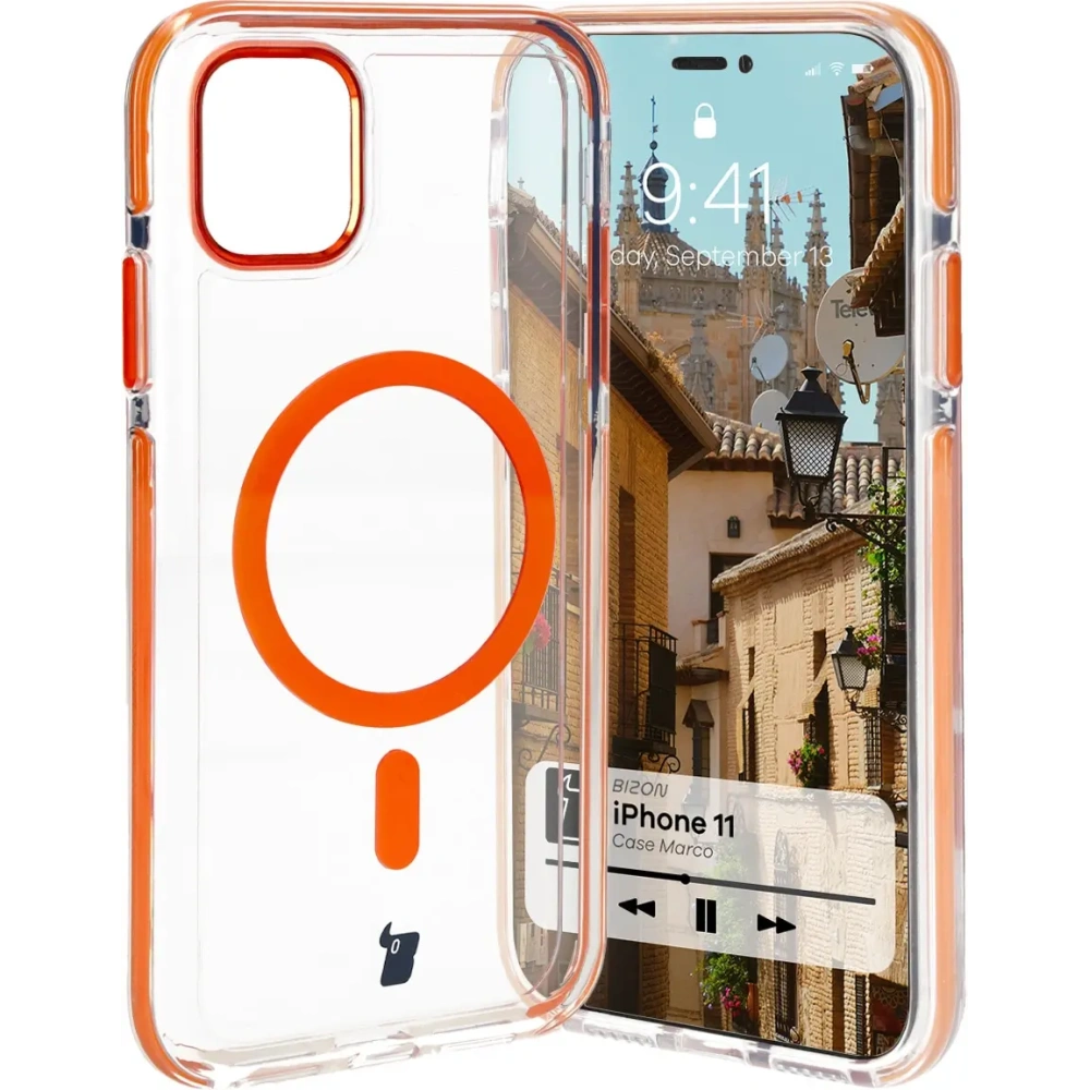 Etui z pierścieniem magnetycznym Bizon Case Marco do Apple iPhone 11 przezroczyste z pomarańczową ramką