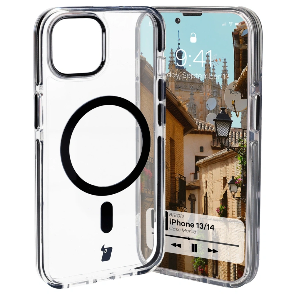 Etui z pierścieniem magnetycznym Bizon Case Marco do Apple iPhone 14 / Apple iPhone 13 przezroczyste z czarną ramką