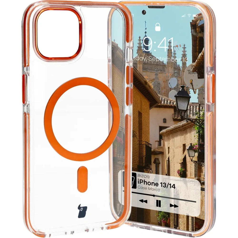 Etui z pierścieniem magnetycznym Bizon Case Marco do Apple iPhone 14 / Apple iPhone 13 przezroczyste z pomarańczową ramką