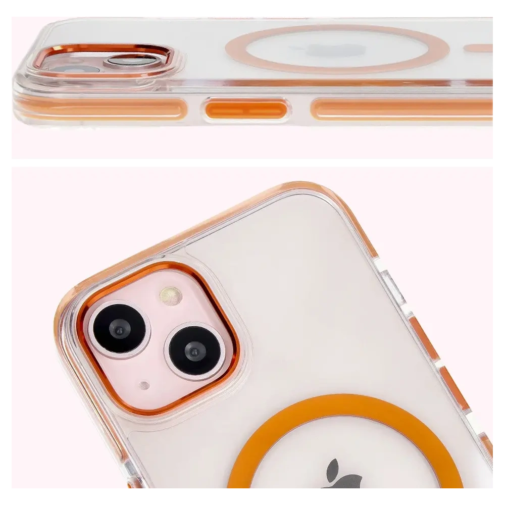 Etui z pierścieniem magnetycznym Bizon Case Marco do Apple iPhone 14 / Apple iPhone 13 przezroczyste z pomarańczową ramką