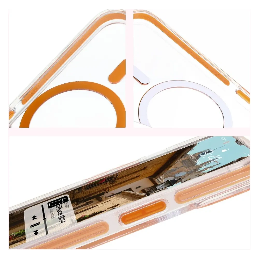 Etui z pierścieniem magnetycznym Bizon Case Marco do Apple iPhone 14 / Apple iPhone 13 przezroczyste z pomarańczową ramką