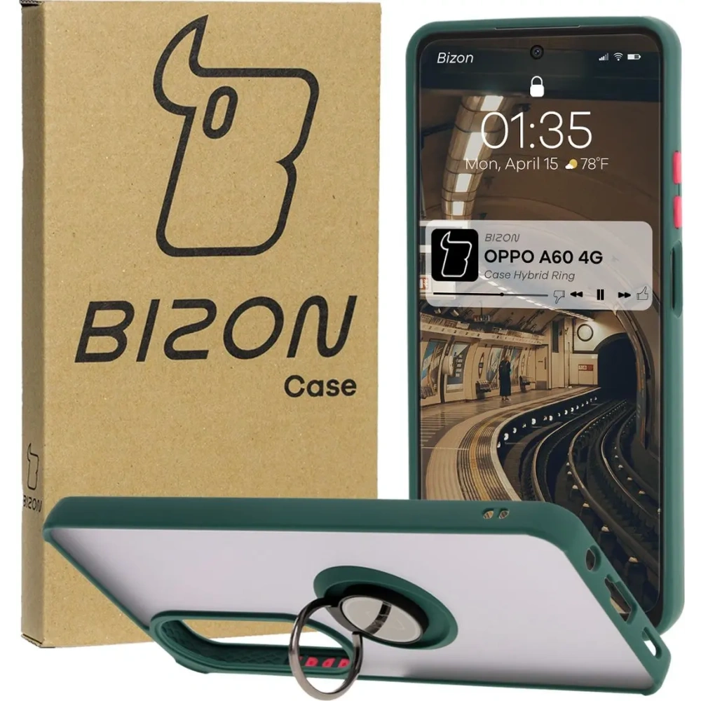 Etui z uchwytem na palec Bizon Case Hybrid Ring do Oppo A60 4G przydymione z ciemnozieloną ramką