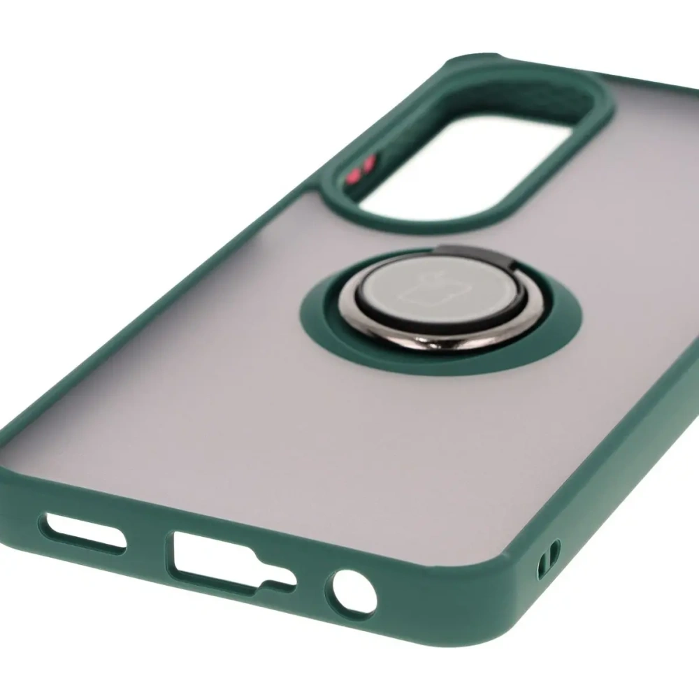 Etui z uchwytem na palec Bizon Case Hybrid Ring do Oppo A60 4G przydymione z ciemnozieloną ramką