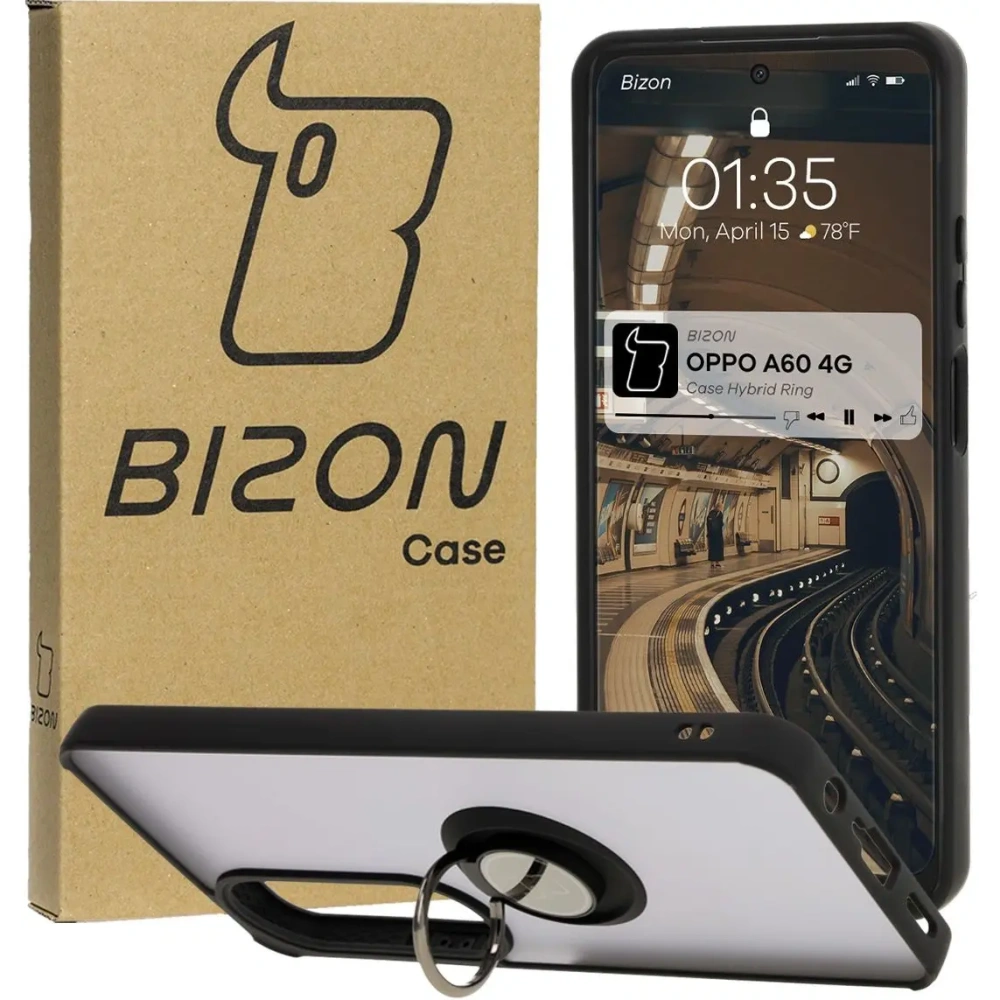 Etui z uchwytem na palec Bizon Case Hybrid Ring do Oppo A60 4G przydymione z czarną ramką